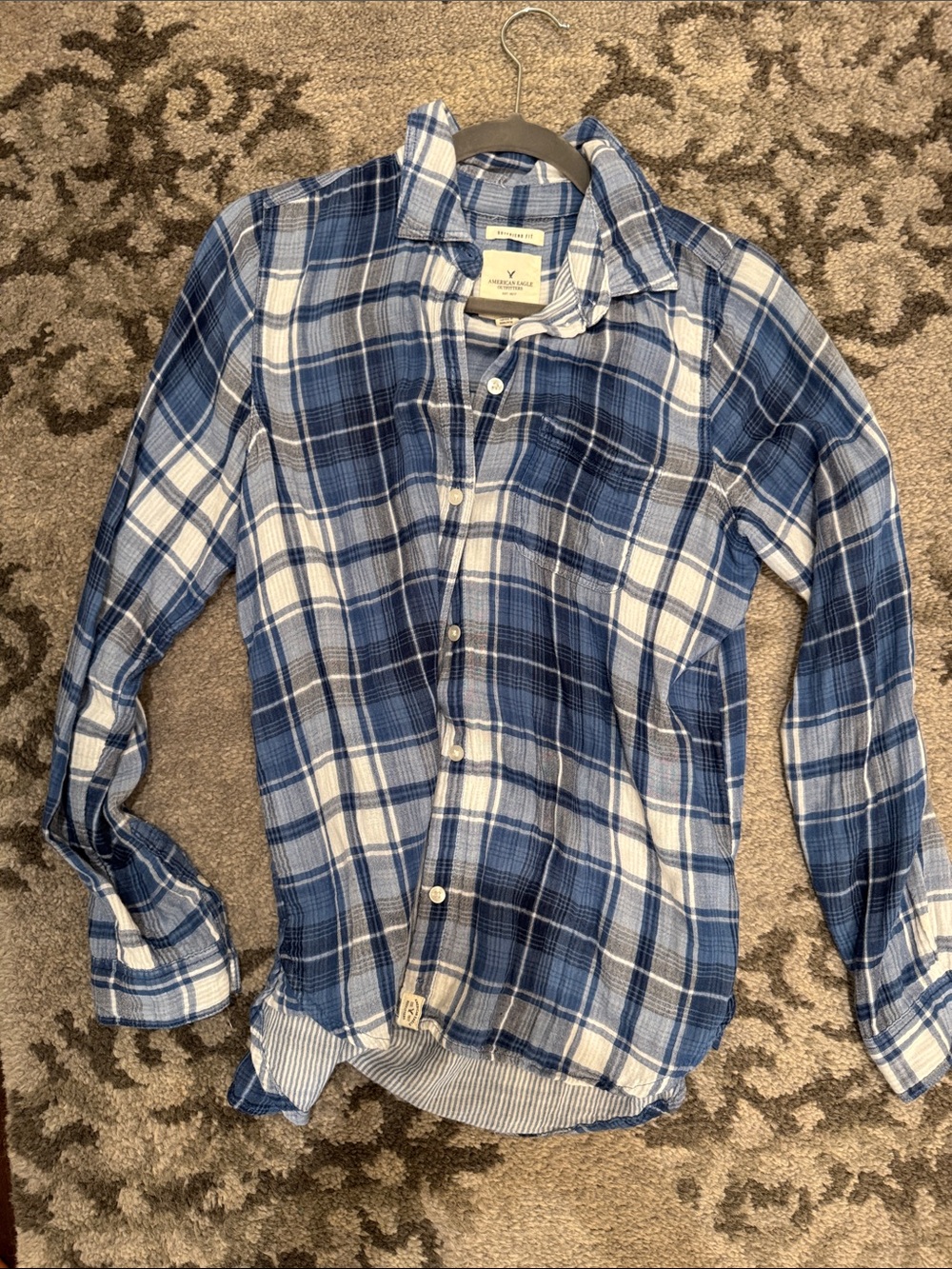 Y2K American Eagle Outfitters Blue and White Plaid Boyfriend Shirt - Picture 1 of 2